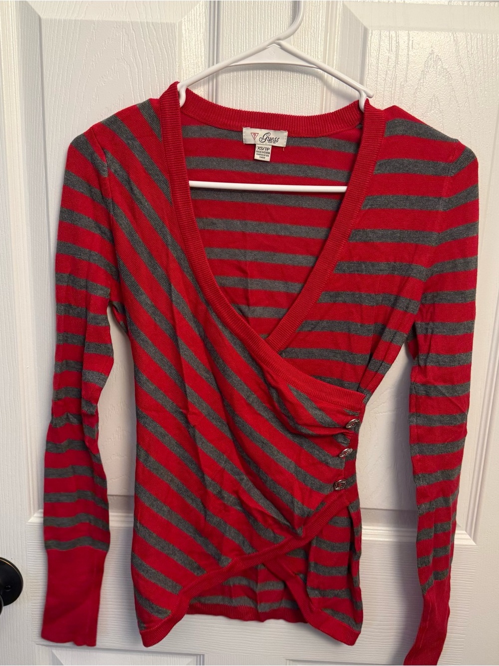 Guess Y2K Red Gray Striped Wrap Button Knit Sweater Top